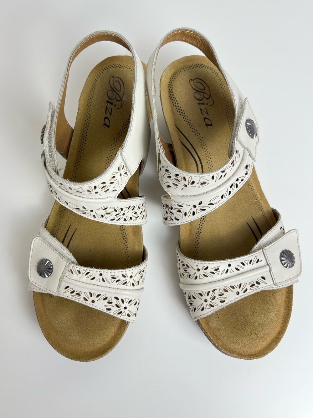 Biza MIA Boho Travel White Leather Comfort‎ Wedge Sandals Memory Foam EU 40 US 9